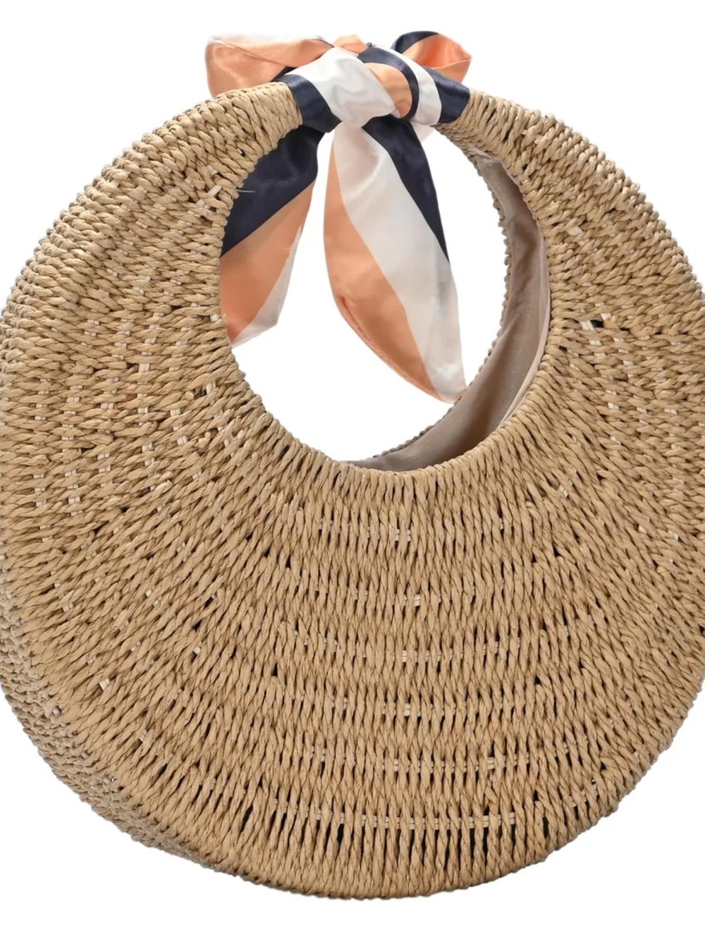 Woven Round Straw Tote with Peach & Navy Bow - Picture 3 of 4